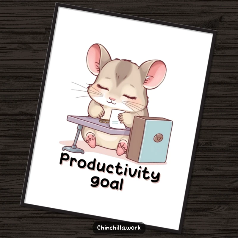 Funny chinchilla poster, sleepy rodent at miniature desk, paperclip stuck to fur, perfect humorous office or bedroom wall art.
