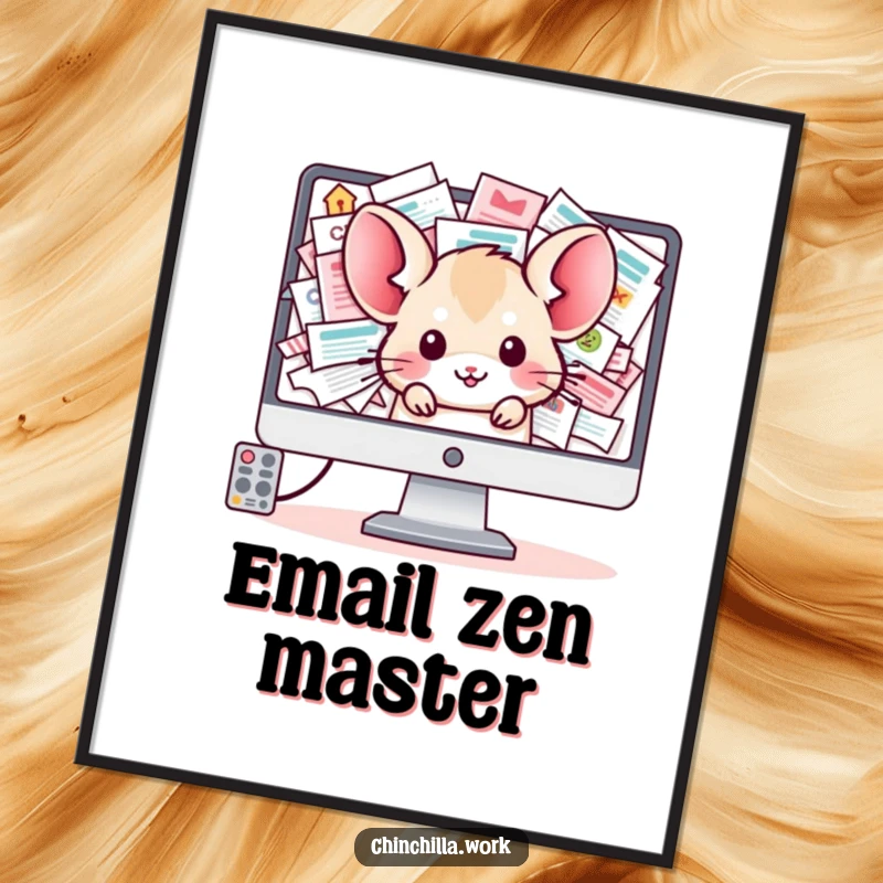 Funny Chinchilla Poster: A kawaii office chinchilla peeks out from a computer screen overloaded with emails, creating a humorous scene.