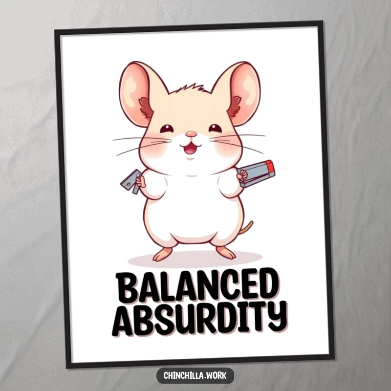 Funny poster depicting a chinchilla juggling staplers with impressive balance, capturing skill and amusement in office-themed art.