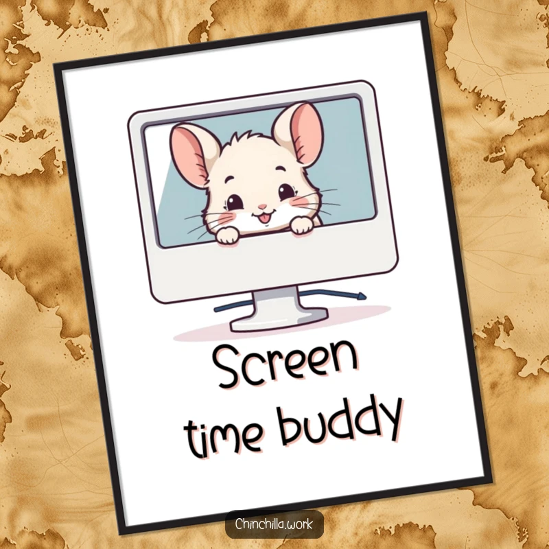 Funny poster featuring a chinchilla peeking from behind a computer monitor with a smile, adding quirky tech decor.