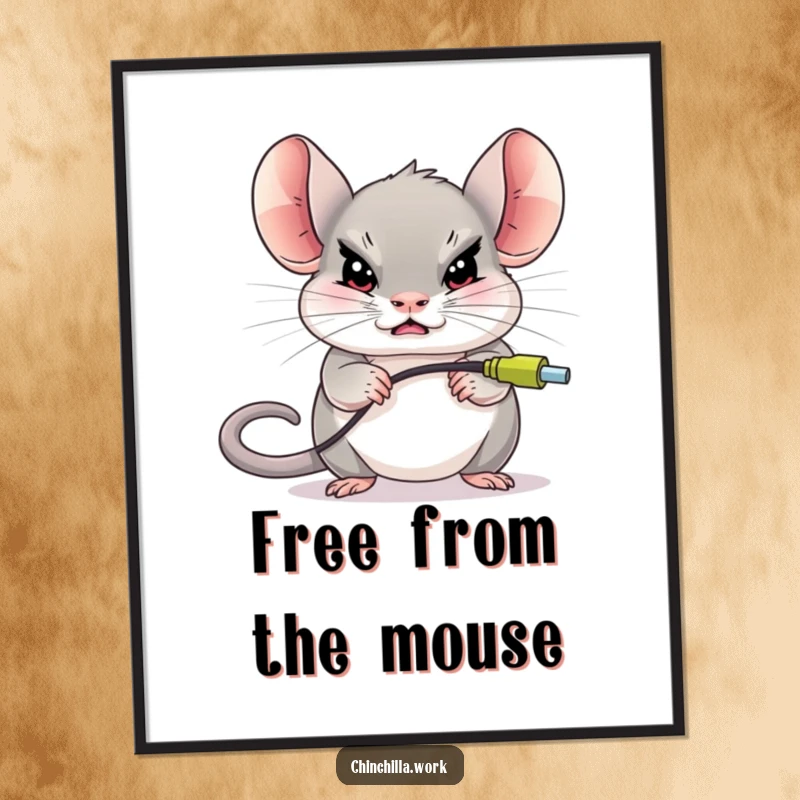 Funny chinchilla character with a determined gaze, unplugging a giant computer mouse, making for humorous wall art.