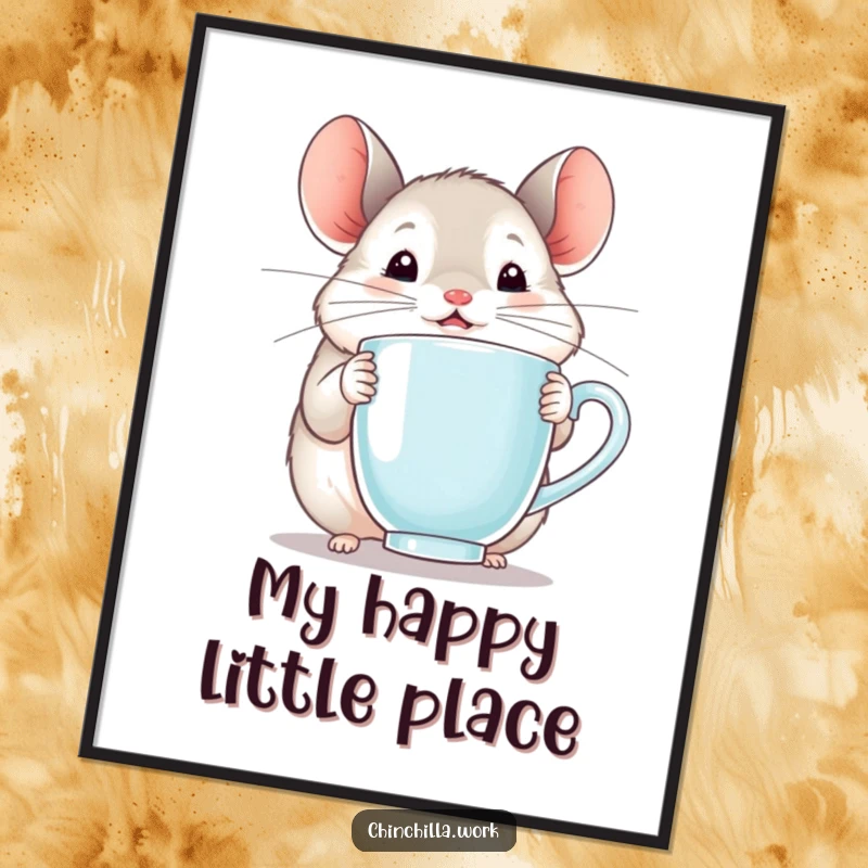 Funny chinchilla poster art of a happy rodent holding a steaming mug with an expression of pure delight.