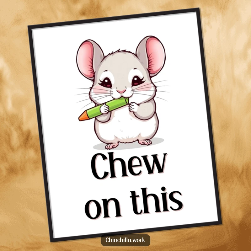 Funny chinchilla poster capturing a fuzzy creature's intense focus on enthusiastically chewing a multi-colored pen.