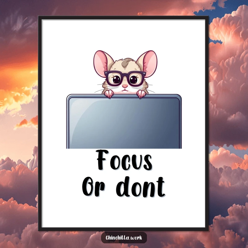 Funny Chinchilla Poster art of a small rodent with reading glasses peeking over a computer screen, conveying a nerdy and intellectual theme.