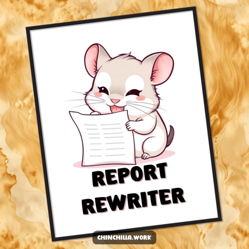Funny Chinchilla Poster: A kawaii office chinchilla with a mischievous grin enthusiastically chews on a blank report document.