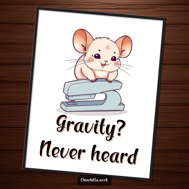 Funny Chinchilla Poster depicting a chinchilla precariously balancing on top of a stapler, a hilarious piece of wall art.