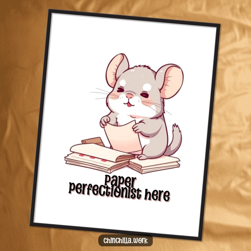 Funny Kawaii Chinchilla Poster: Cute chinchilla enthusiastically organizing papers, whimsical art for neat spaces, a funny gift.