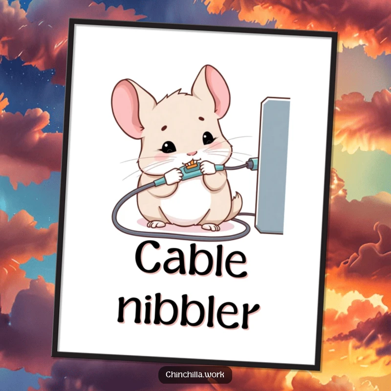 Funny poster print of a kawaii office chinchilla determinedly chewing a charging cable, office tech humor.