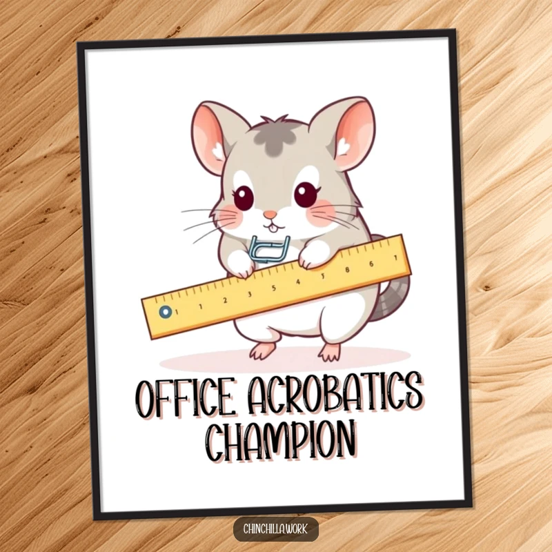 Funny poster depicting a kawaii office chinchilla balancing a paperclip on a ruler seesaw, adding desk-themed humor.