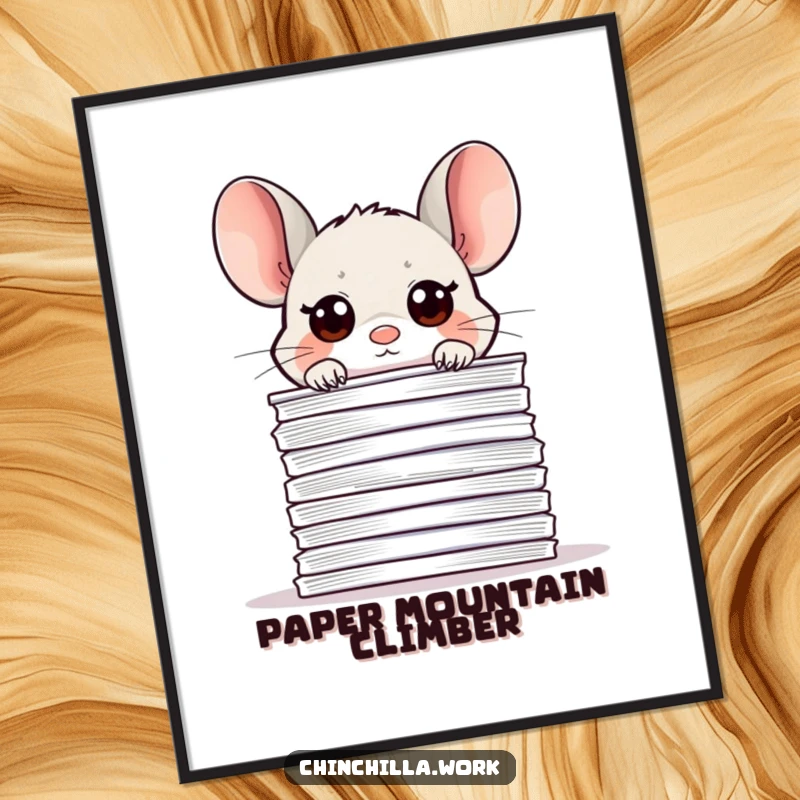 Funny office chinchilla poster, peeking over a paper stack with curious eyes, ideal for cute and humorous desk art.