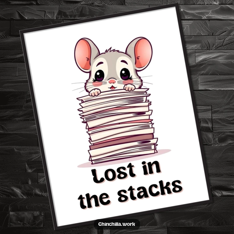 Funny Poster: Surprised chinchilla peeking over a colossal stack of office papers, expressing utter confusion and bafflement.