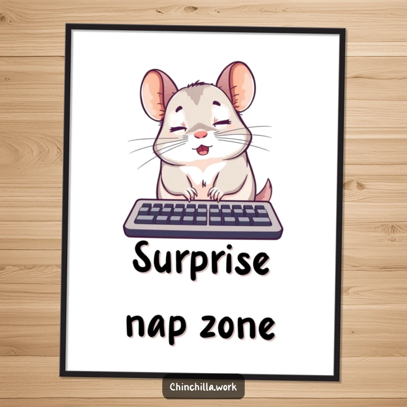 Funny surprised chinchilla keyboard poster caught mid-nap, ideal for decor and a funny gift.