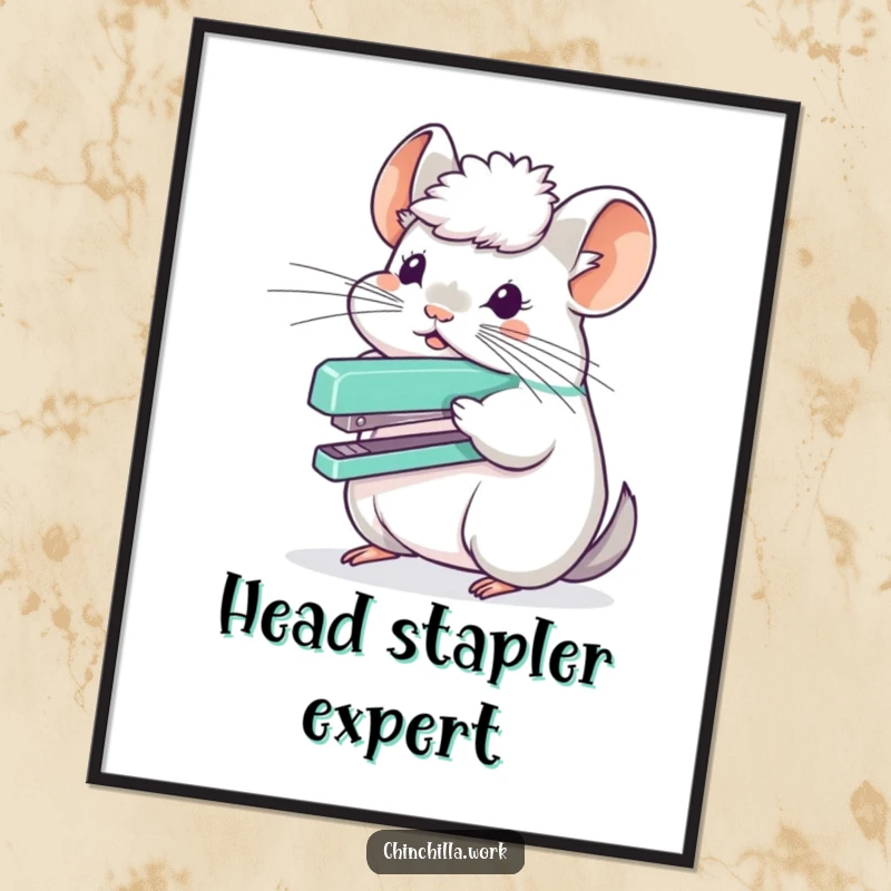 Funny chinchilla character balancing a stapler on its fluffy head, creating humorous and eye-catching wall art.