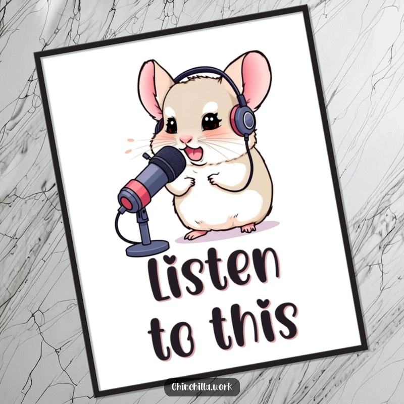 Funny poster showcasing a chinchilla in a headset, chuckling into a microphone, perfect for gamer room decor and humor.