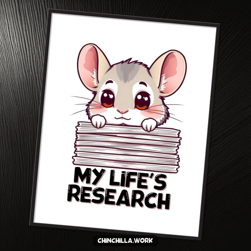 Funny chinchilla poster depicting a chinchilla with large, curious eyes peeking over a stack of important documents, suitable for humorous wall decor.
