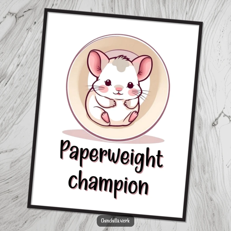 Funny poster print of a kawaii office chinchilla gleefully rolling inside an empty printer paper roll.