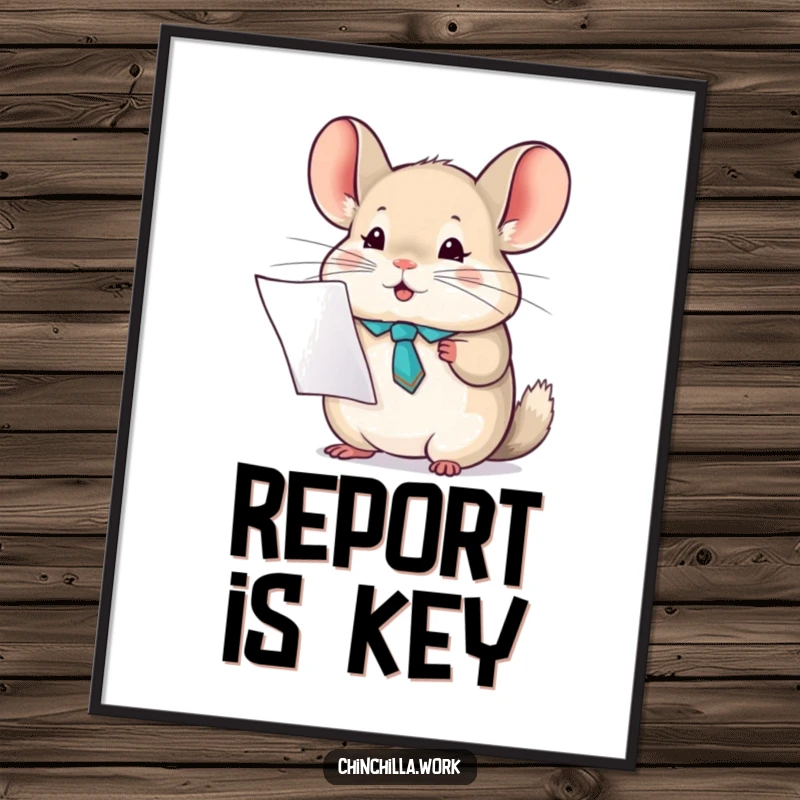 Funny chinchilla poster depicting a character in a tiny tie enthusiastically holding a report, adding professional and humorous wall art.