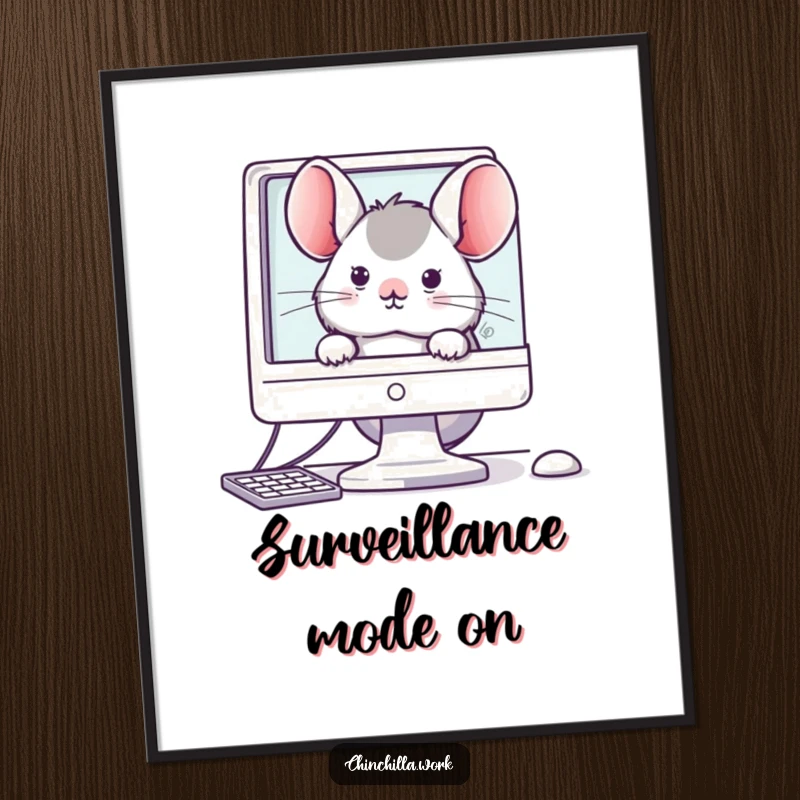 Funny poster art of a kawaii office chinchilla peeking from behind a computer monitor, bringing adorable workplace humor.