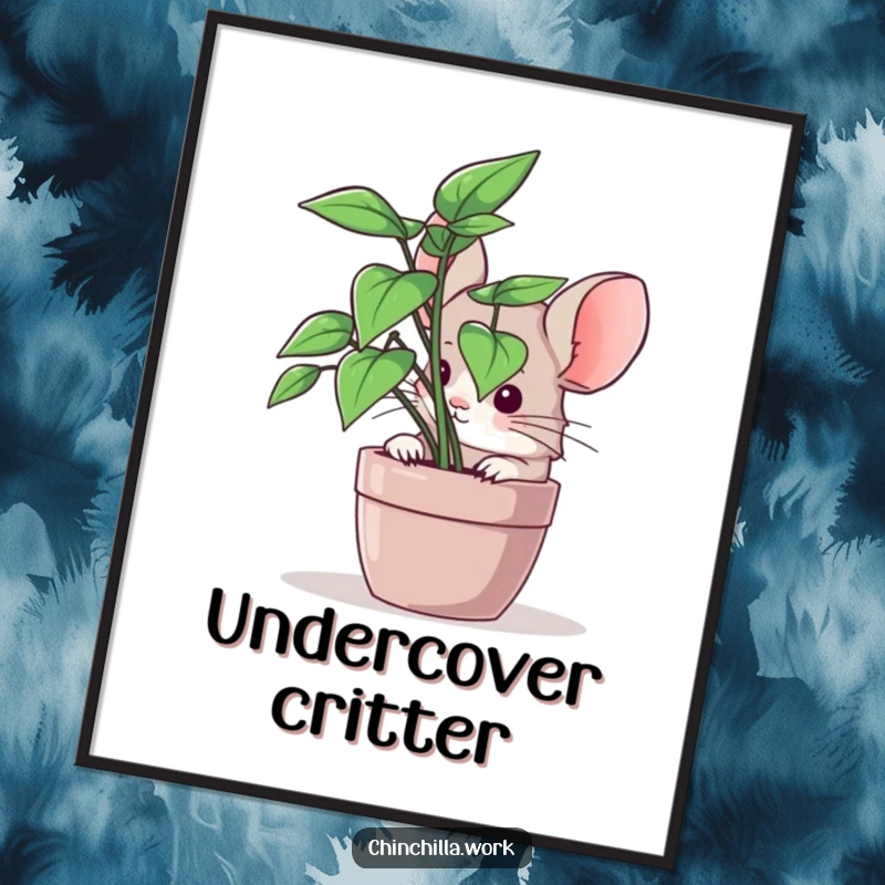 Funny chinchilla poster depicting a shy rodent peeking from behind a potted office plant, adding playful wall decor.