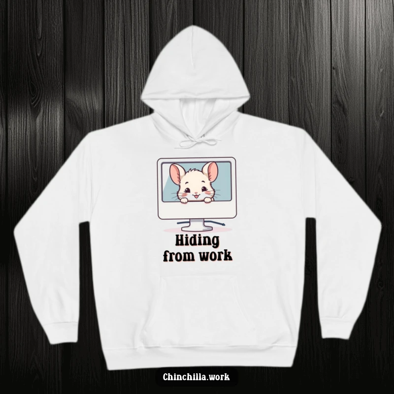 Funny cozy hoodie featuring a chinchilla peeking from behind a computer monitor with a smile, perfect for tech enthusiasts.