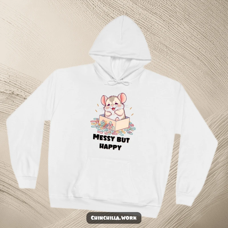 Funny Chinchilla Hoodie featuring a chinchilla joyfully rolling in a big spill of paperclips, radiating pure, chaotic happiness.