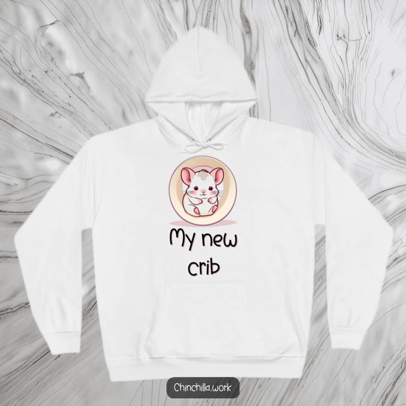 Funny hoodie depicting a kawaii office chinchilla joyfully rolling inside a hollowed paper roll.