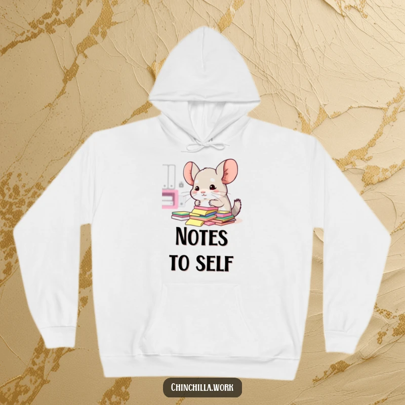 Funny hoodie featuring a kawaii office chinchilla carefully arranging sticky notes, symbolizing organization.