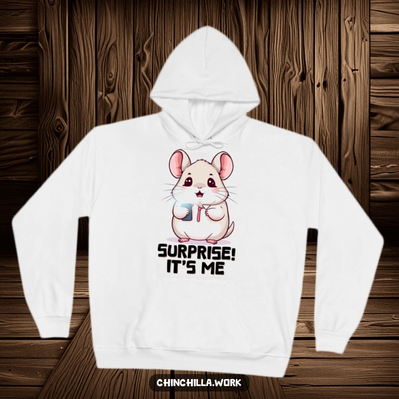 Funny hoodie with a kawaii office chinchilla looking shocked at a flashing light, offering warmth and humor.