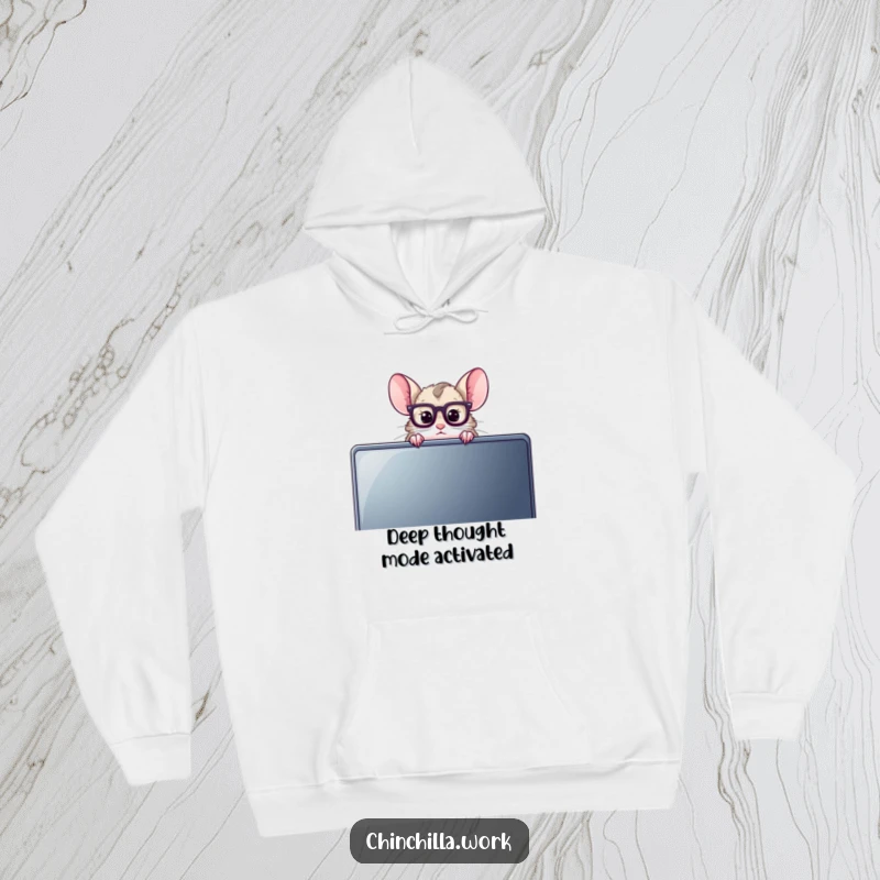 Funny Chinchilla Hoodie showing a cute chinchilla with reading glasses, peeking curiously over a big computer monitor, a perfect cozy gift.