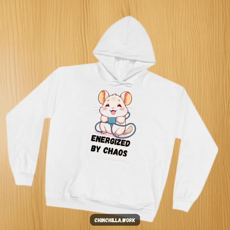Funny Chinchilla Hoodie: Cozy pullover featuring a chinchilla tangled in a charging cable, perfect for tech lovers and as a funny gift.