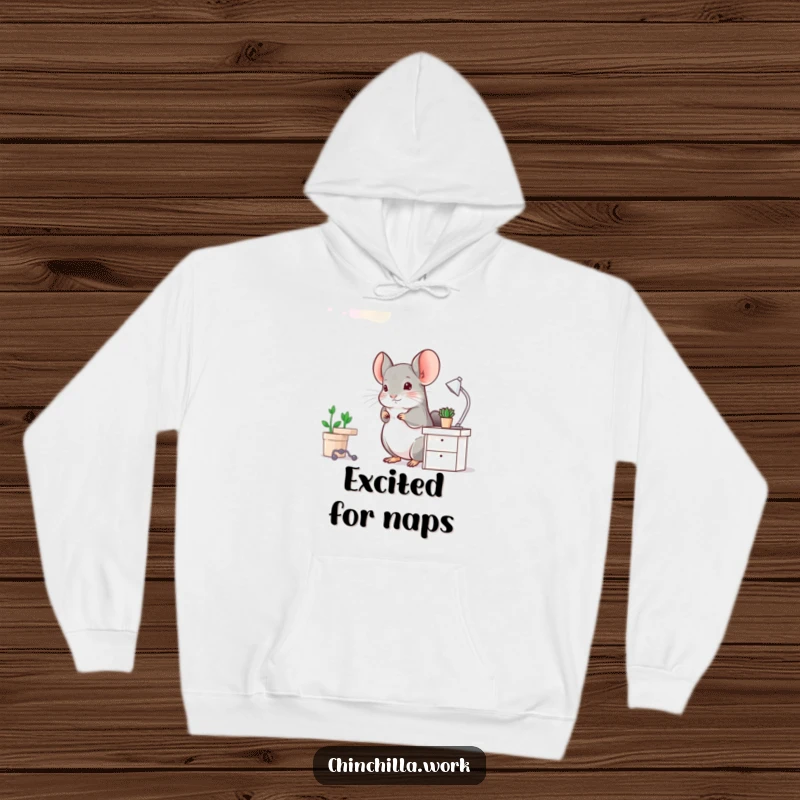 Funny Chinchilla Hoodie: A chinchilla joyfully hops at a miniature desk, embodying productive energy and cozy comfort.