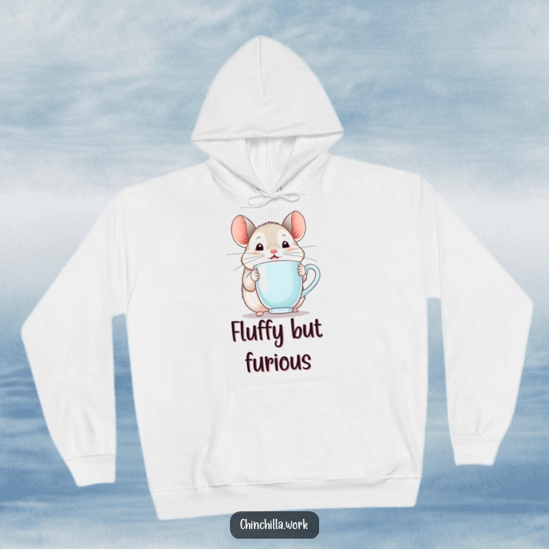 Funny chinchilla hoodie featuring a happy rodent holding a steaming mug, exuding pure comfort and delight.