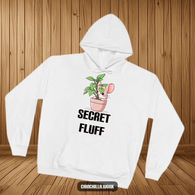 Funny chinchilla hoodie showing a rodent hiding behind office foliage, combining comfort with playful humor.