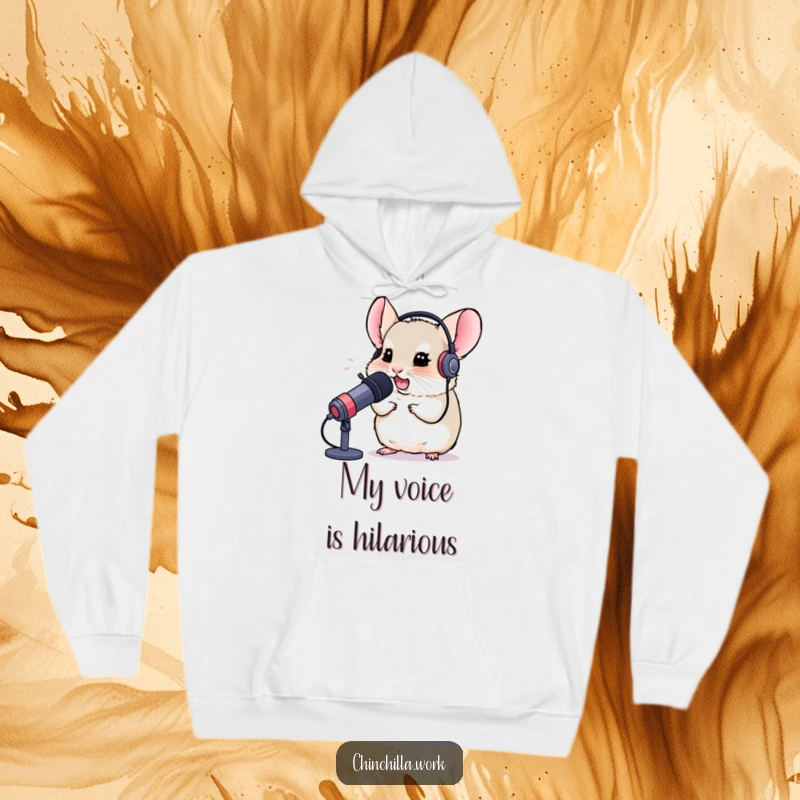 Funny hoodie featuring a chinchilla in a headset, chuckling into a microphone, ideal for gamers seeking comfort and humor.