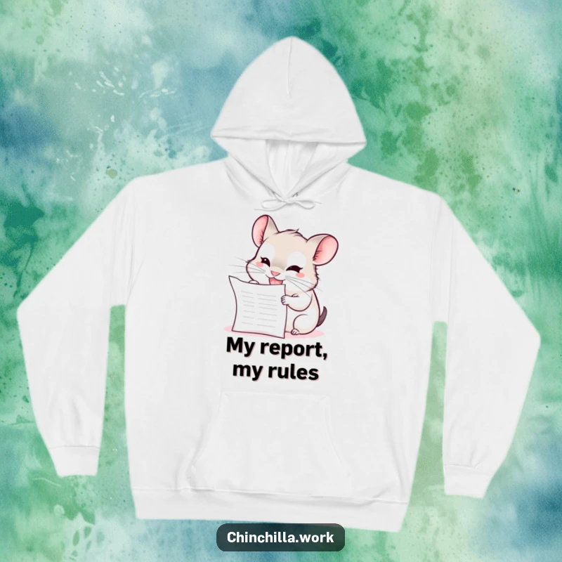 Funny Chinchilla Hoodie: A kawaii office chinchilla with a mischievous grin is caught mid-chew on a blank report.