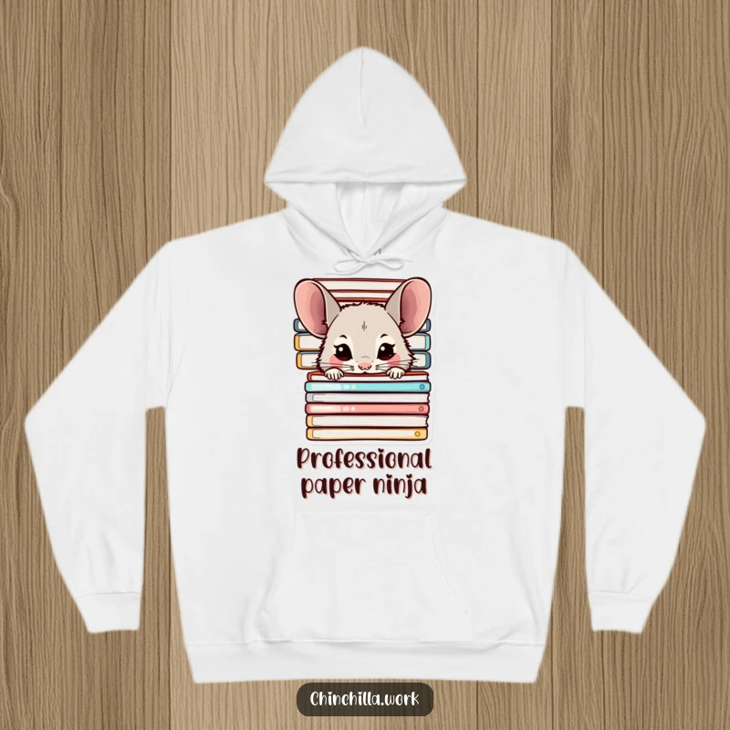 Funny Chinchilla Hoodie: Cozy pullover with a chinchilla hiding behind folders, perfect for relaxing and funny office vibes.