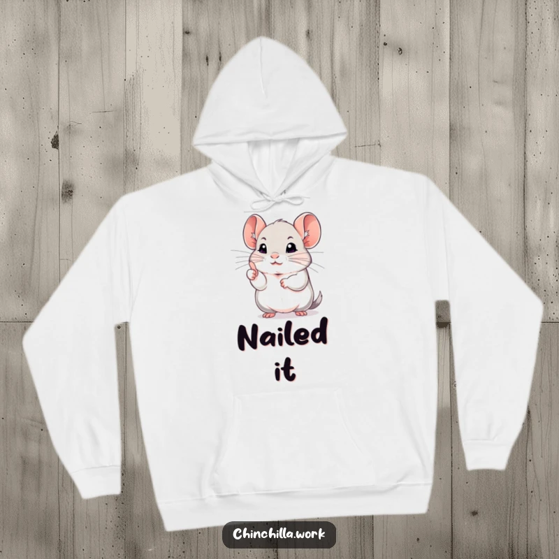 Funny chinchilla hoodie featuring a determined rodent giving a thumbs up, offering warmth and a boost of positive energy.