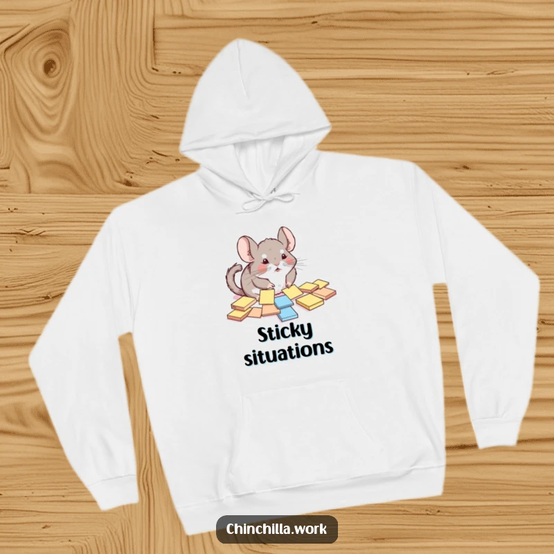 Funny chinchilla hoodie featuring a comical attempt to organize sticky notes, offering warmth and a dose of relatable humor.