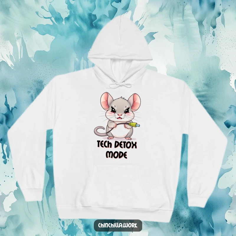 Funny chinchilla character with a determined look, unplugging a giant computer mouse, featured on a comfortable hoodie.