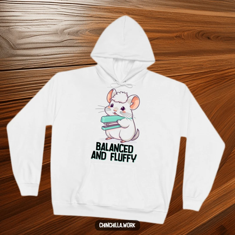Funny chinchilla character balancing a stapler on its fluffy head, featured on a comfortable and humorous hoodie.