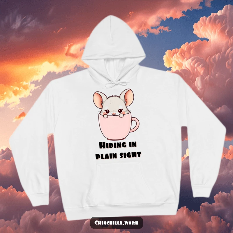 Funny cozy office chinchilla hoodie, hiding in a coffee mug with ears showing, offering comfort and a humorous morning escape.