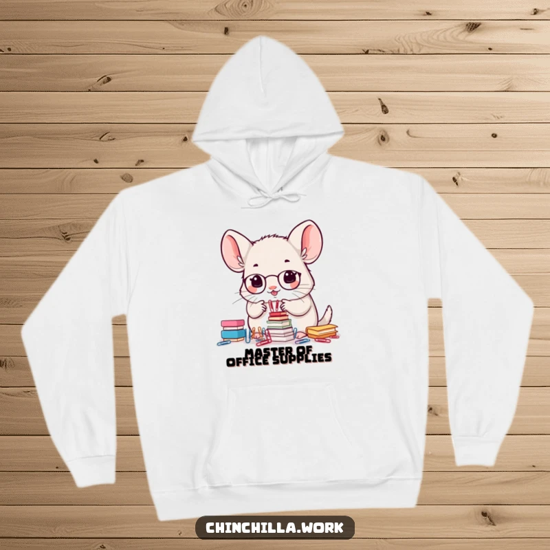 Funny hoodie showing a kawaii office chinchilla diligently stacking small paperclips with impressive precision and focus.