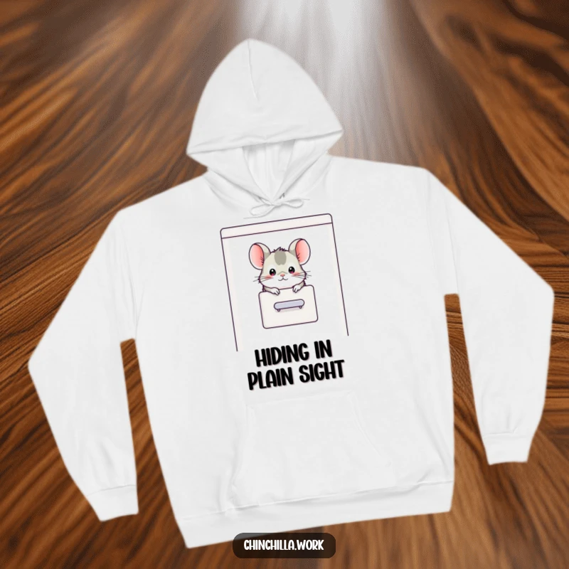 Funny chinchilla character peeking its head out of a filing cabinet, featured on a comfortable and humorous hoodie.