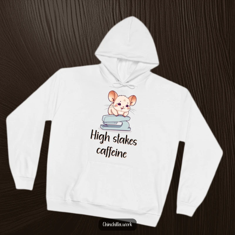 Funny Chinchilla Hoodie showing a chinchilla trying to balance on a stapler, a humorous and cozy piece of apparel.