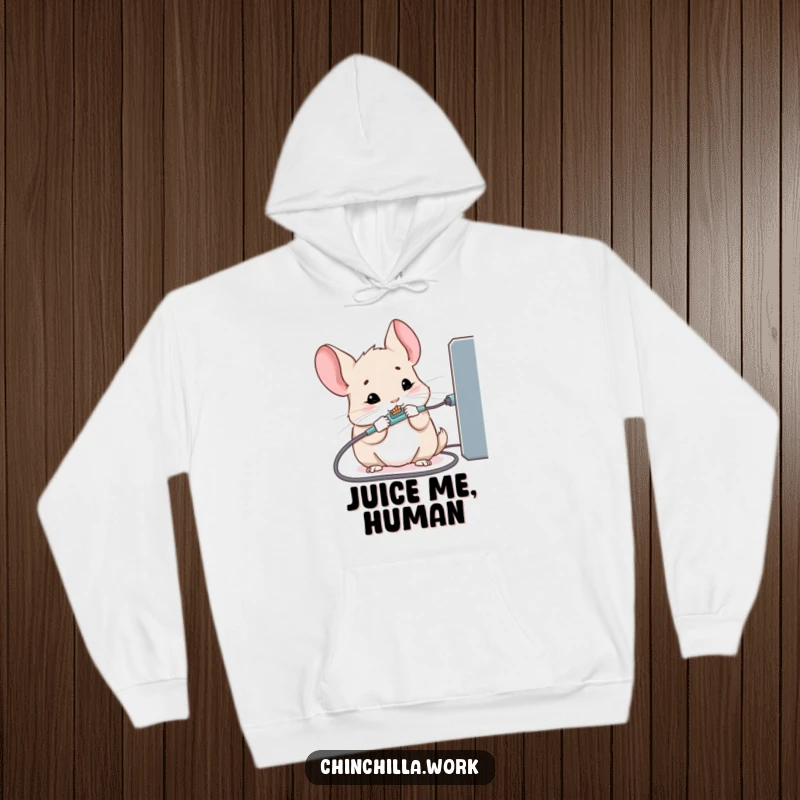 Funny hoodie featuring a kawaii office chinchilla gnawing through a charging cable, symbol of destruction.