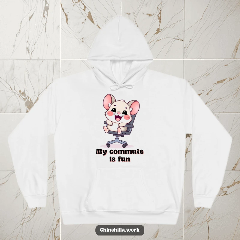 Funny kawaii chinchilla hoodie featuring a happy rodent sliding down an office chair, perfect for cozy fun.