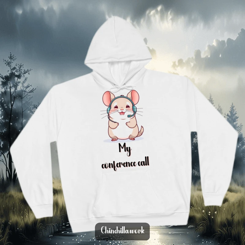 Funny chinchilla hoodie featuring a rodent in a headset leading a virtual meeting with enthusiasm, perfect for remote work.