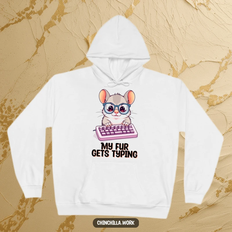 Funny Hoodie: Focused chinchilla wearing big glasses, typing intensely on a keyboard, ideal for cozy productivity.