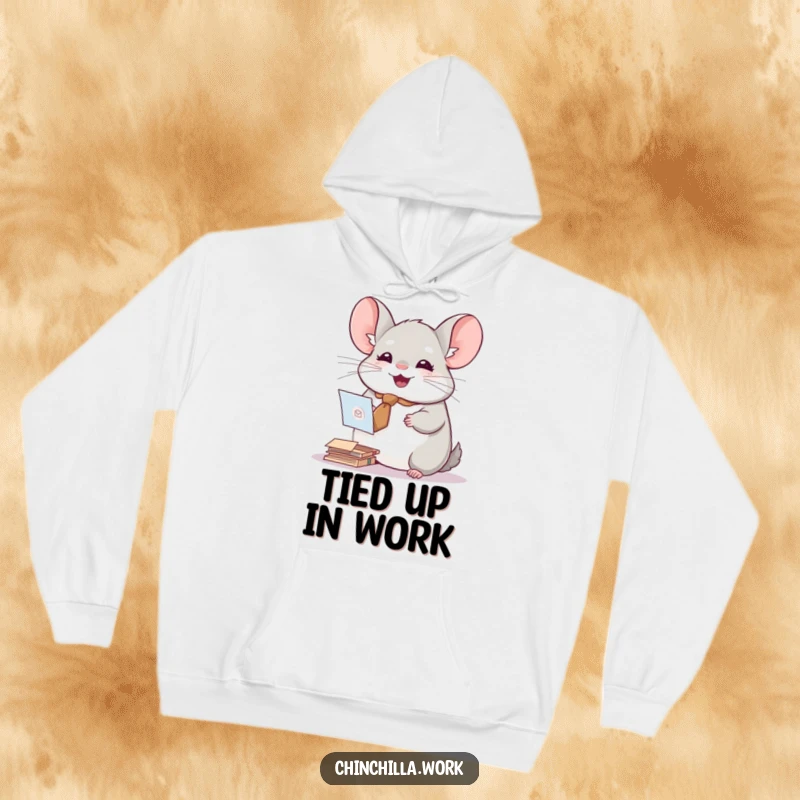 Funny cozy hoodie featuring a chinchilla in a tiny tie, joyfully sorting mail, perfect for work or lounging.