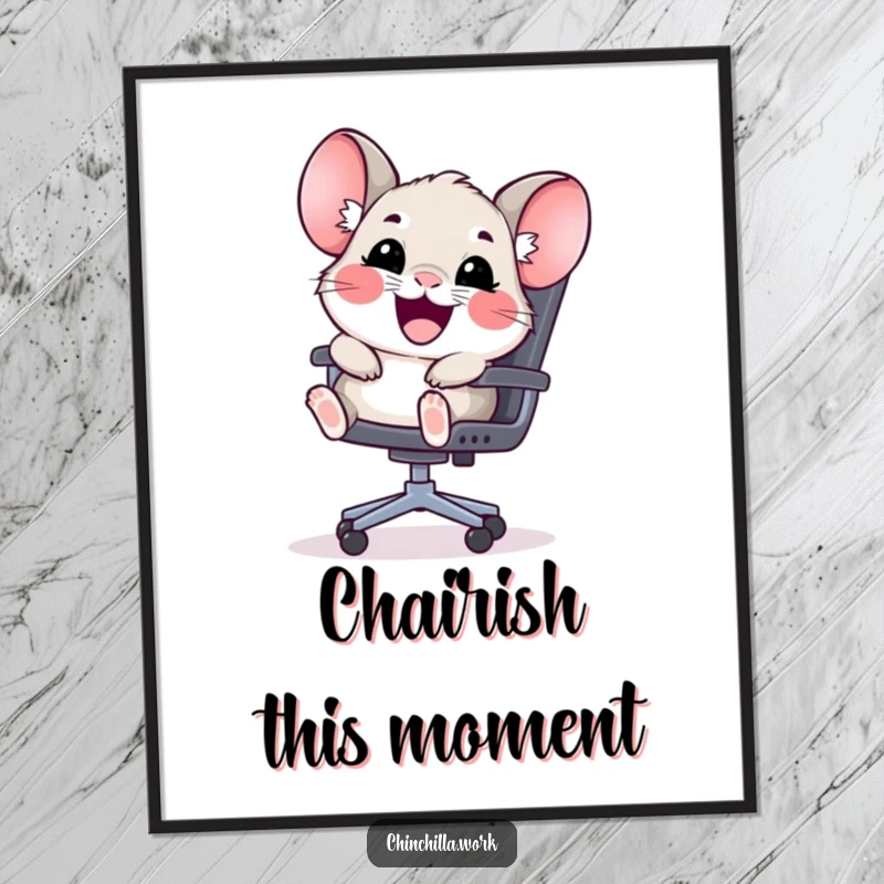 Funny Free Printable Wall Art: A kawaii chinchilla with a huge smile slides down a rolling office chair, capturing pure joy.